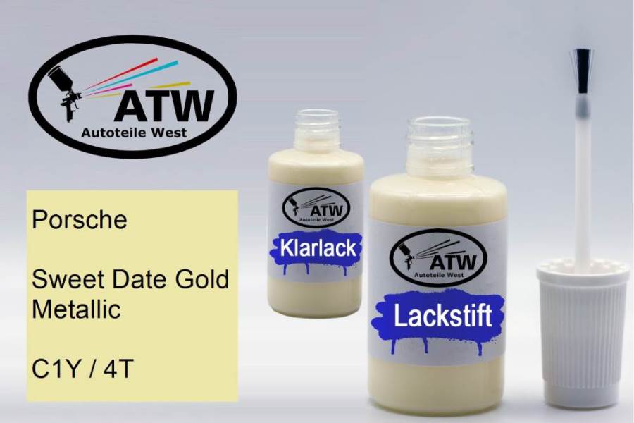 Porsche, Sweet Date Gold Metallic, C1Y / 4T: 20ml Lackstift + 20ml Klarlack - Set, von ATW Autoteile West.